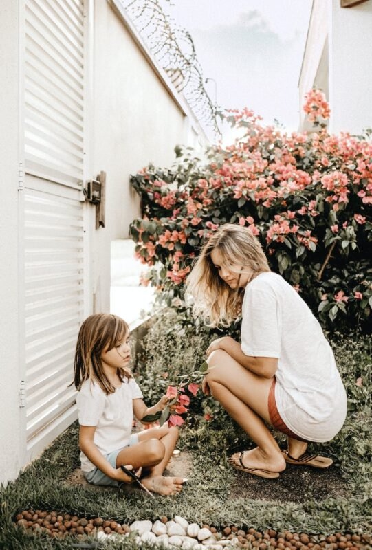 mother and daughter in the garden