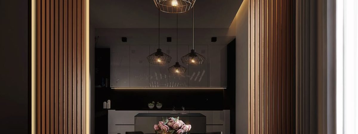 gray dining table under pendant lamps