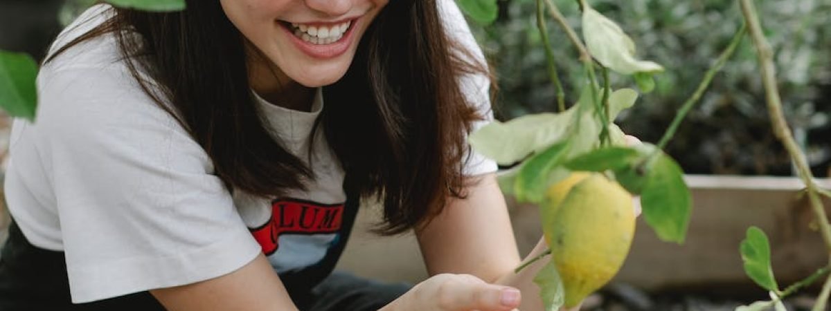 laughing female gardener collecting lemons in garden